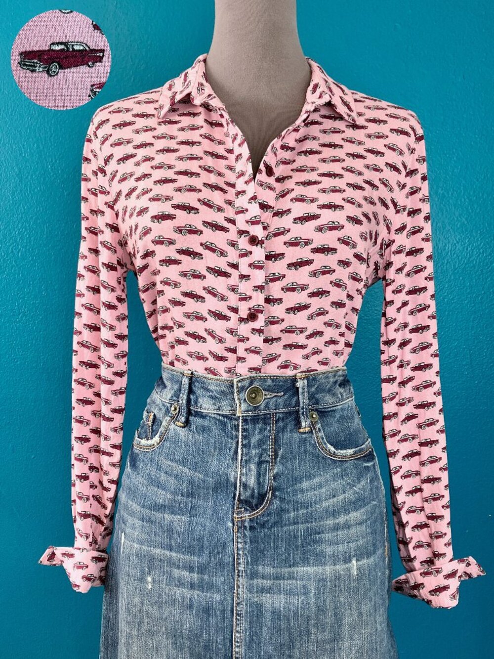 Topshop Cadillac Classic Car Print Button Up Blouse in Pink & Red US 2 UK 6